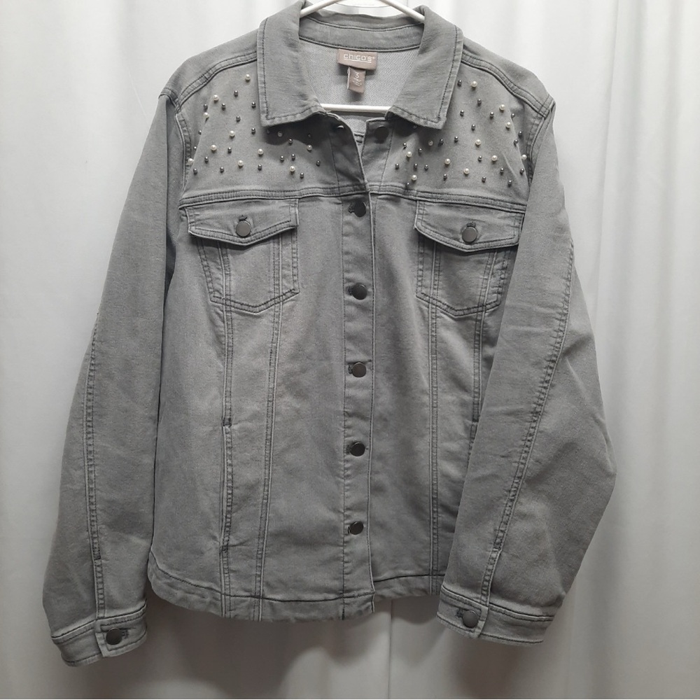 Chico's platinum jean jacket womens size XL gray rhinestone studs jewels denim